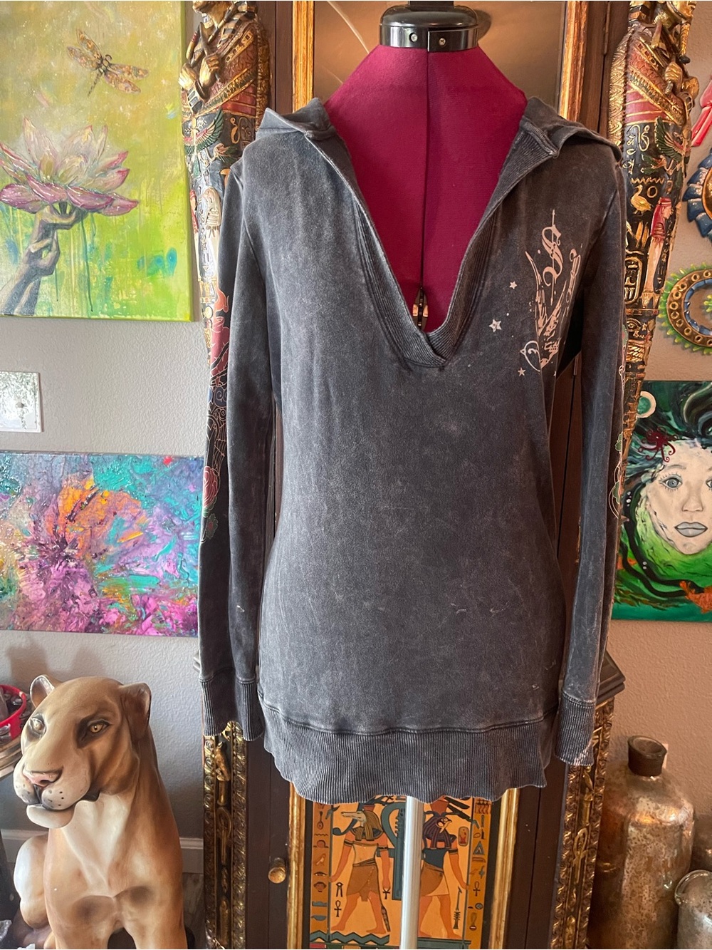 Authentic Vintage Sugar & Rox Washed Black Hooded V-Neck Women's Sweatshirt